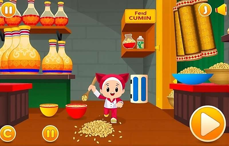 Cumin Glory Run - Spice Market Adventure Cumin Glory Run game screenshot showing a character running through a vibrant Indian spice market collecting cumin seeds